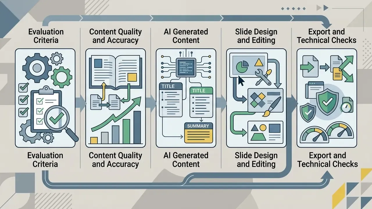 Five stage process diagram evaluating content quality, design, and technical output for AI PowerPoint tools