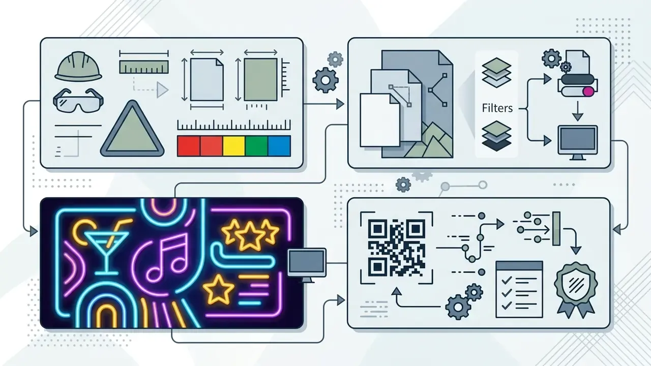 Diagram showing design steps for neon graphics including layered filters, screen output, and QR code integration