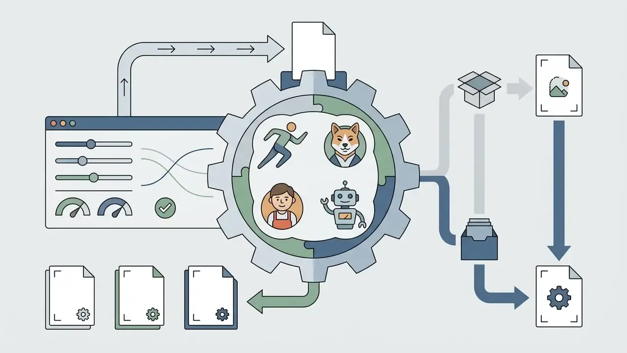 Central gear containing character icons processing user input into diverse logo designs and file formats