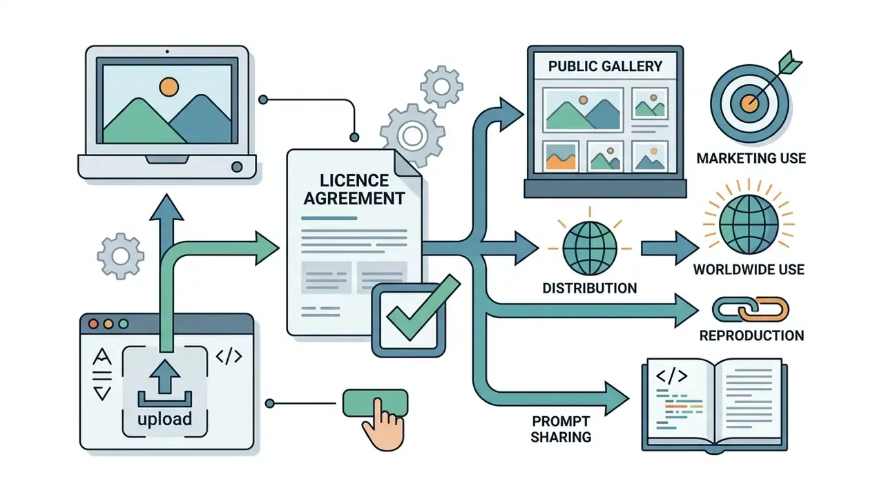 Workflow showing image uploads to a license agreement branching into gallery and distribution channels
