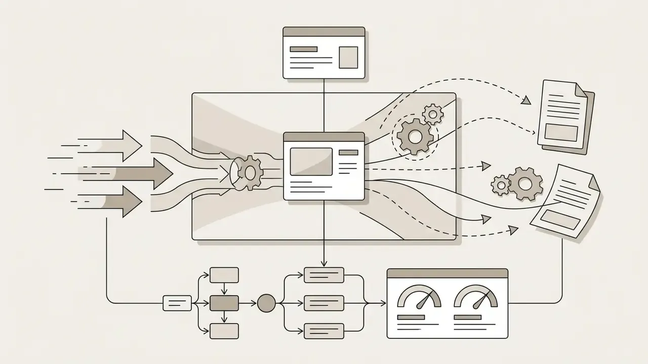 Arrows and gears processing data into documents and gauges to visualize spatial and parallax drift