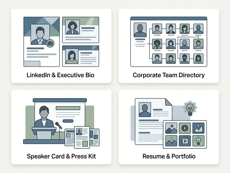 Four visual cards displaying applications for professional headshots in corporate and personal branding