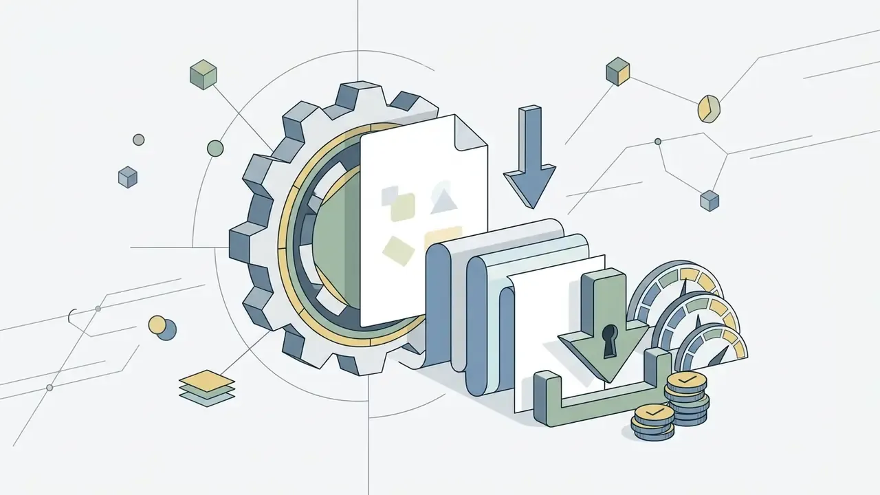 Mechanical cog processing document files into a locked download folder with credit tokens