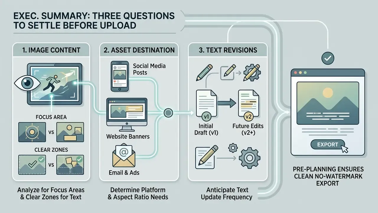 Flowchart outlining three planning steps for image text placement before final export