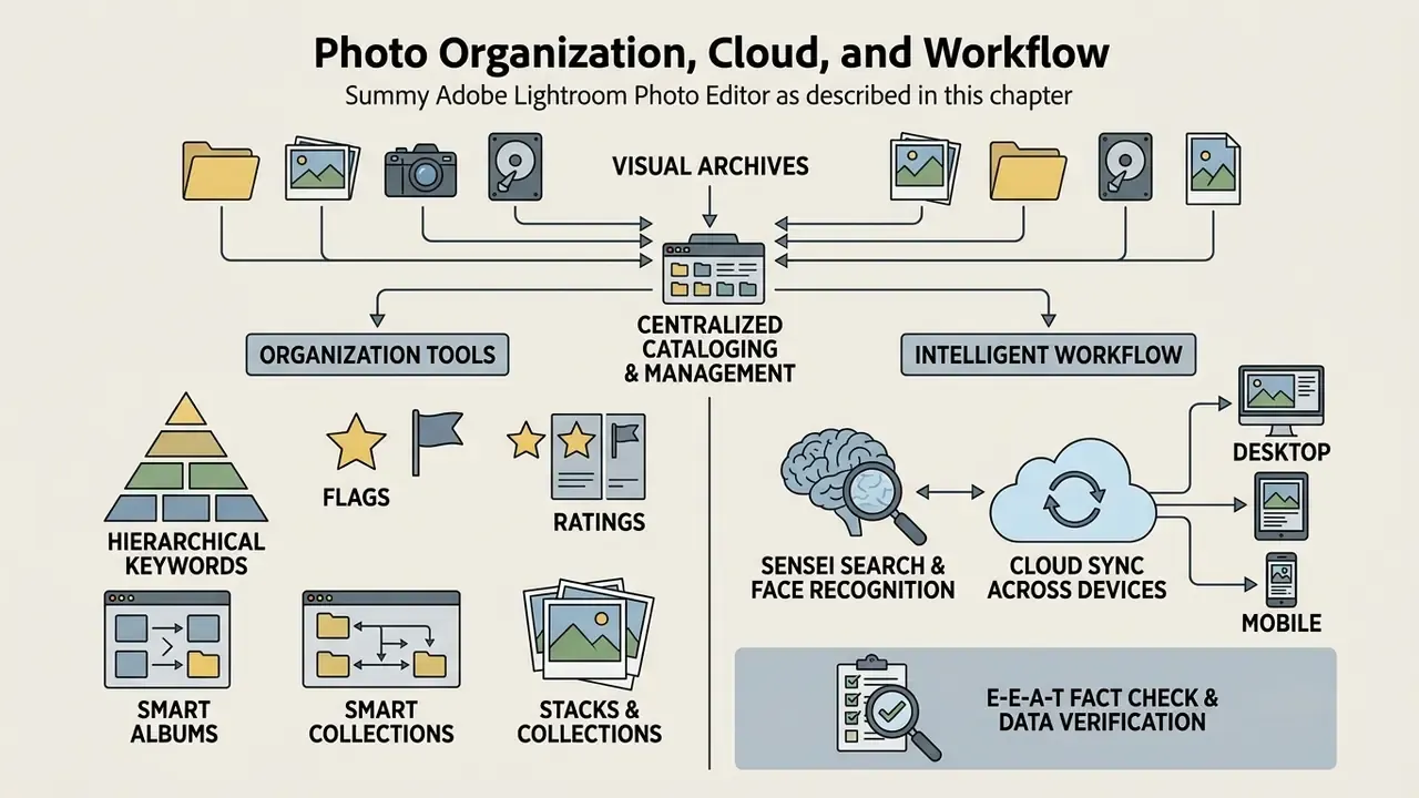 Diagram showing cataloging, search, cloud syncing, and management tools for digital photo archives