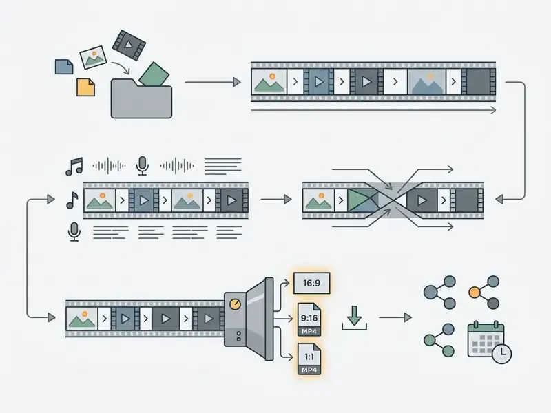 Diagram showing media file upload, timeline editing with audio and transitions, and final export options