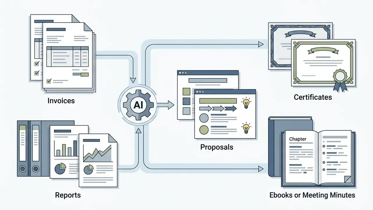 Central AI gear processing documents like invoices and reports into certificates, proposals, and ebooks