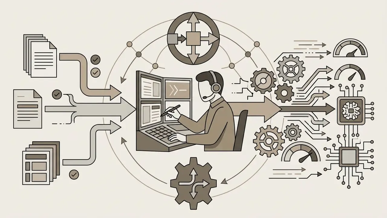 Engineer using dual monitors to integrate documents into AI systems with gears and performance gauges