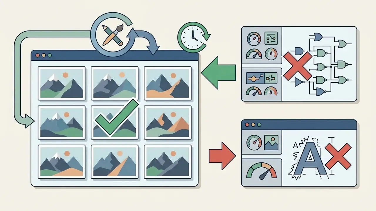 Grid of nine mountain landscape images with a checkmark alongside logic gates and text rendering icons