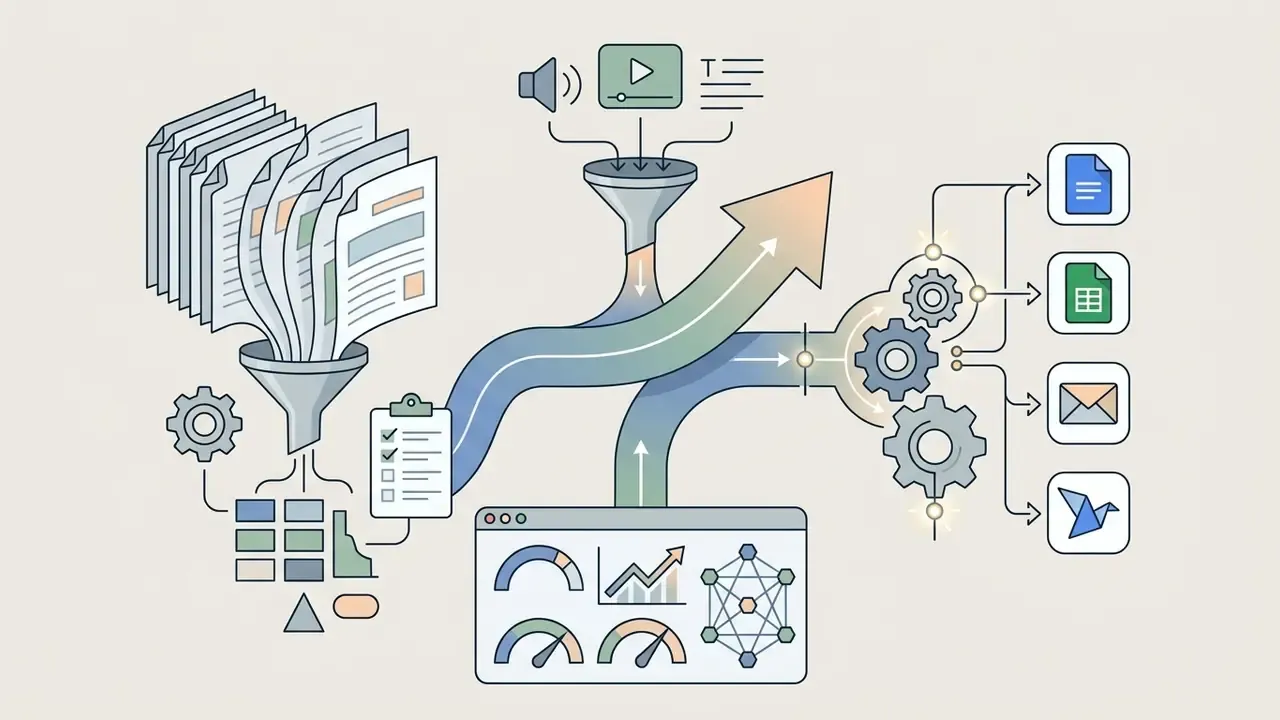 Documents and media inputs feeding into a gear-driven system that outputs structured files and analytics