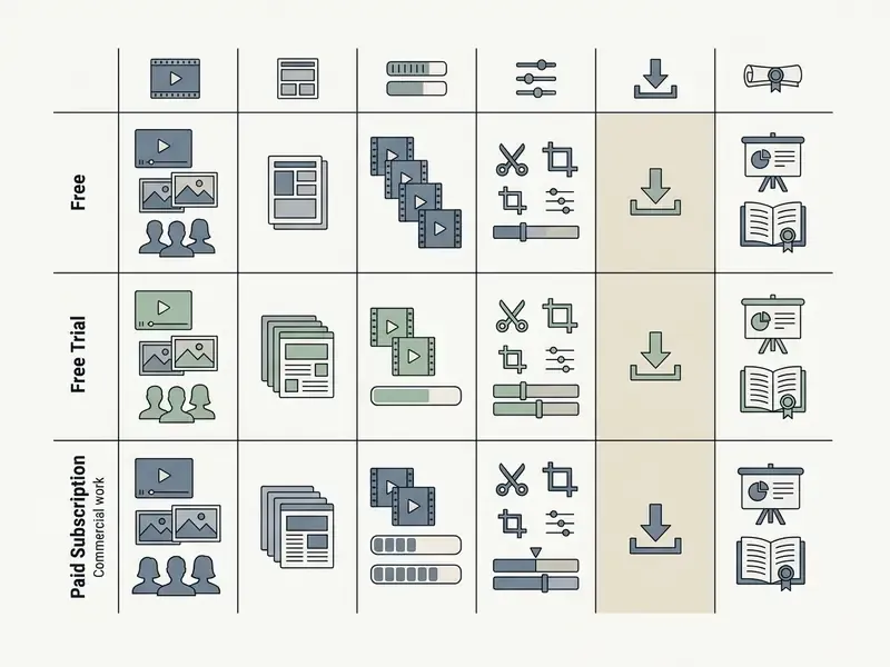Comparison table of free, trial, and paid subscription plans featuring icons for models and editing