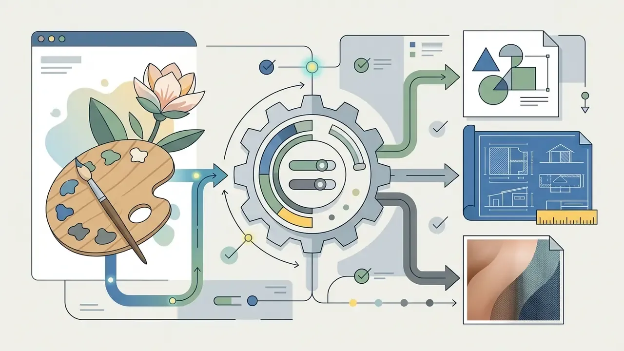 Artistic tools and a gear mechanism processing inputs into vector, architectural, and textured outputs