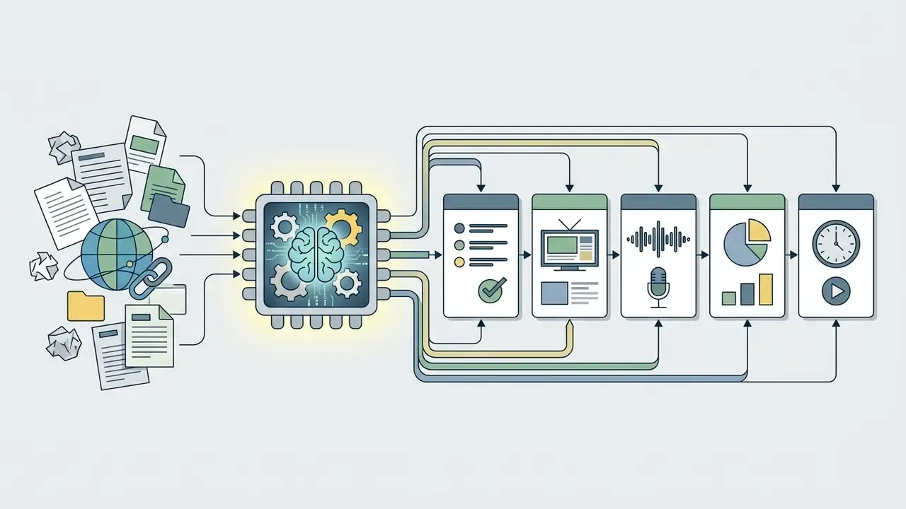 Data sources feeding into a central processor that distributes information across five production stages