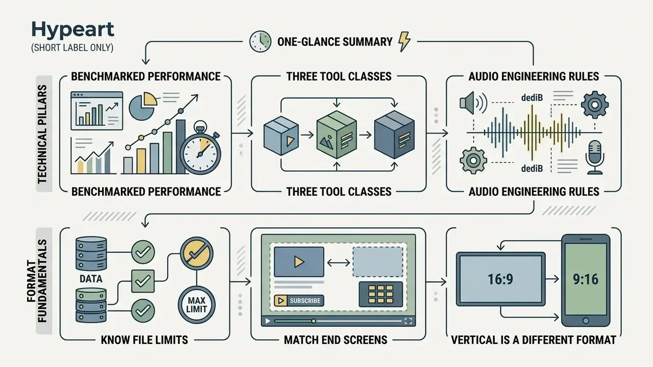 Infographic summarizing technical pillars and format fundamentals for creating video outros