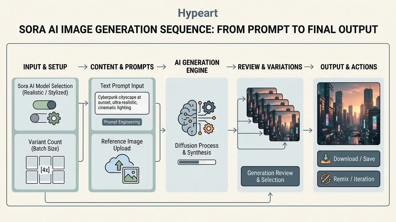 Flowchart outlining the Sora AI image generation sequence from initial setup to final output and remixing