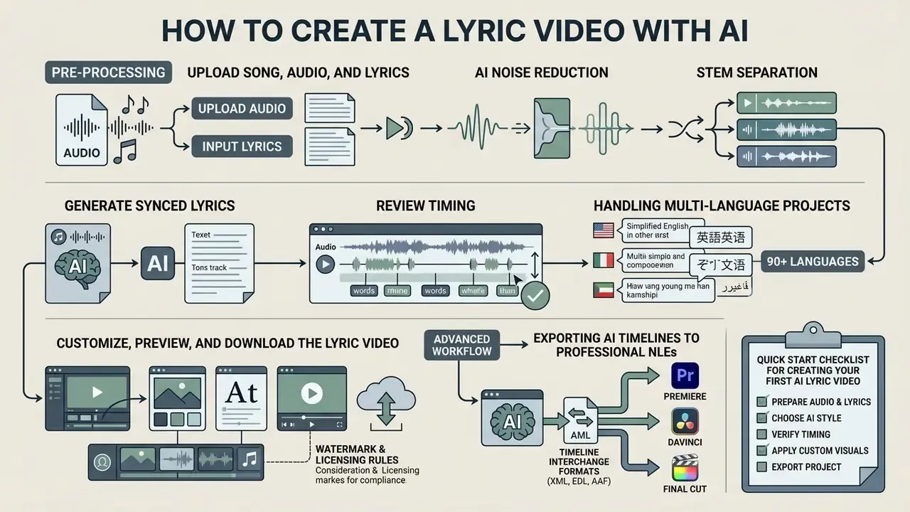 Diagram detailing audio processing, lyric synchronization, multilingual support, and professional export