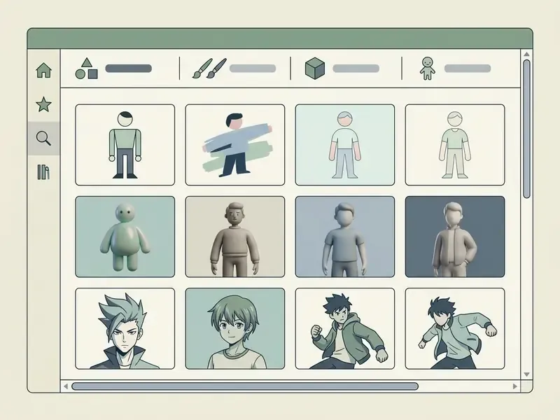 Grid interface displaying diverse character design styles including flat vector, 3D models, and anime art