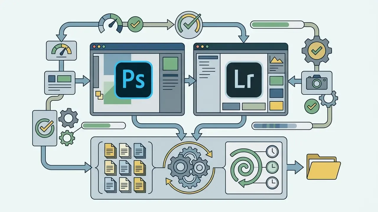 Software stack showing Adobe Photoshop and Lightroom workflow with file organization and delivery tools