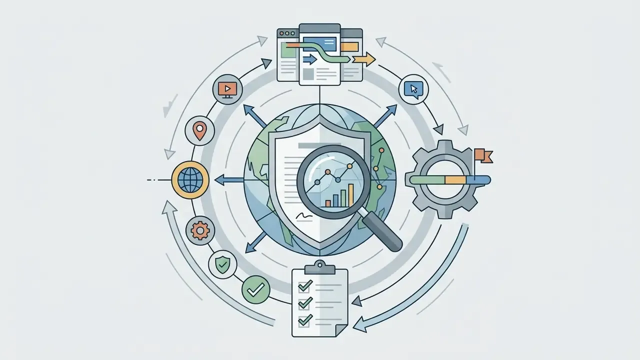 Magnifying glass over a shield and globe surrounded by icons representing global licensing and compliance