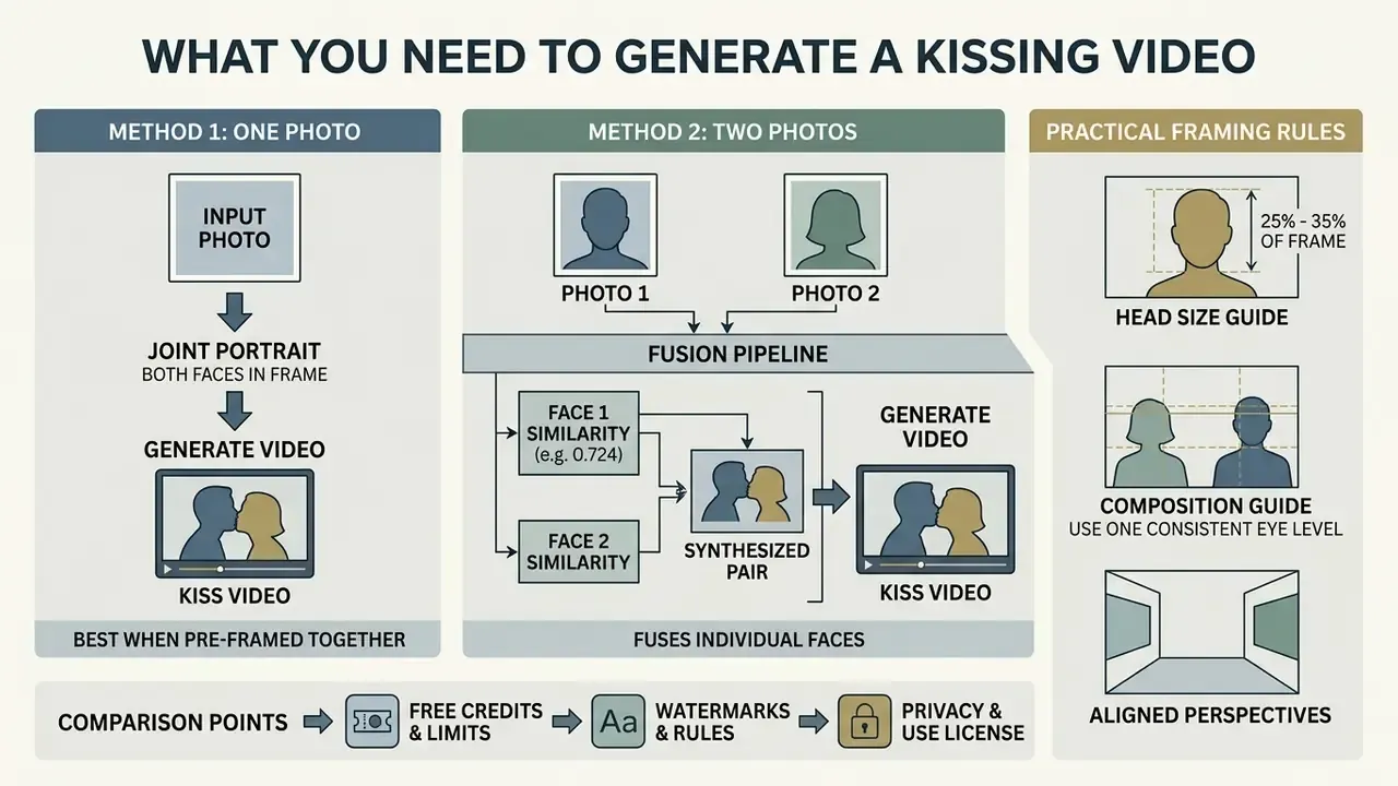 Diagram comparing single-photo and dual-photo workflows for an ai kissing generator with framing guidelines