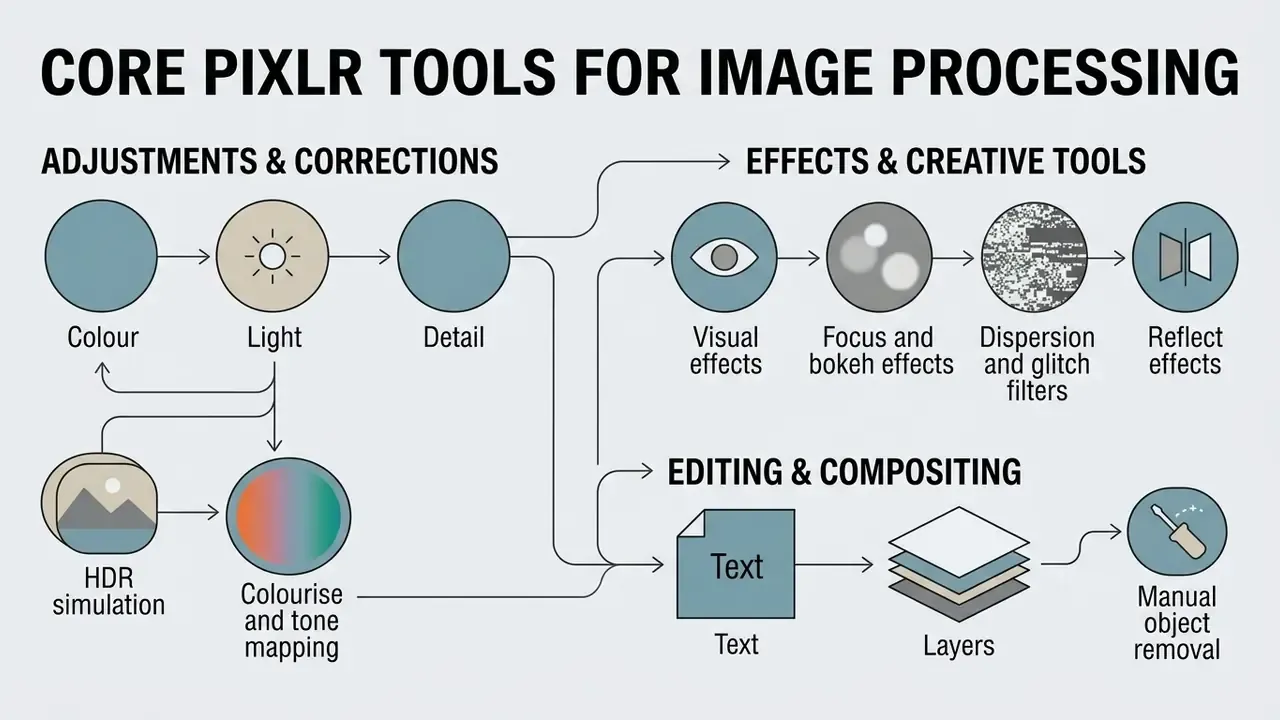 Infographic showing Pixlr photo editor tools for adjustments, creative effects, and image compositing