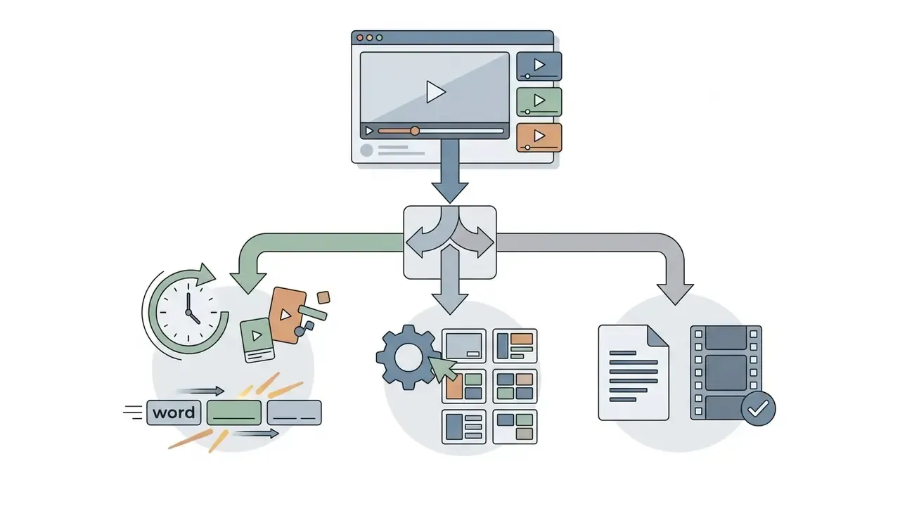 Video processing workflow splitting into dynamic captioning, layout customization, and file exports