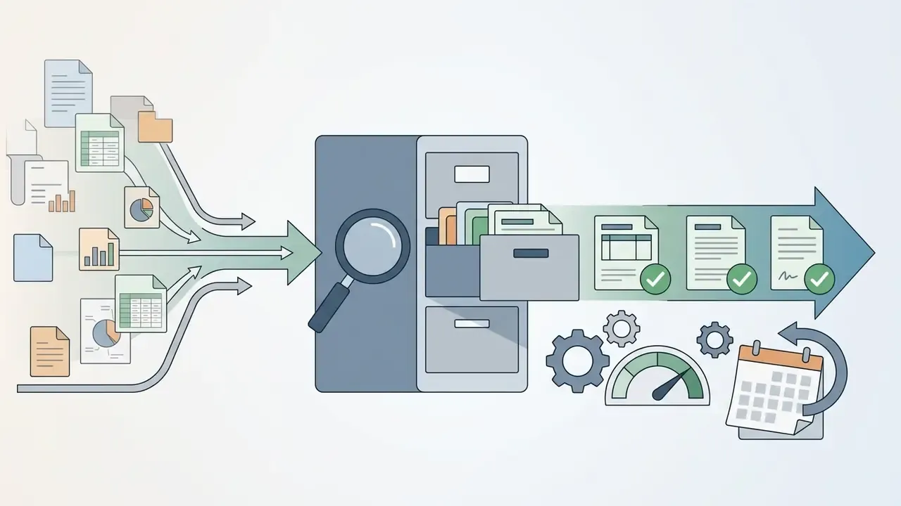Various business files flowing into a filing cabinet with a magnifying glass to emerge as approved documents