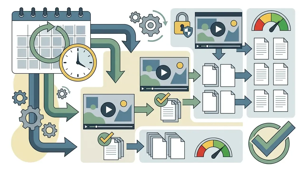 Calendar and clock icons feeding video and document workflows through gears to compliance checkmarks