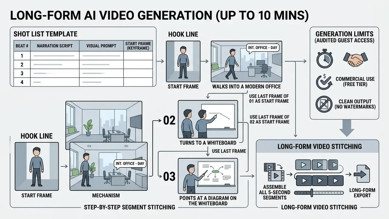 Workflow diagram showing how to stitch short AI video segments into a long-form production
