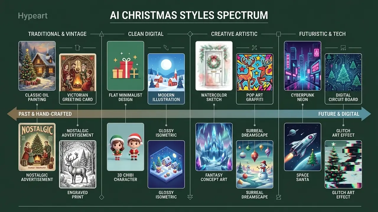 Chart displaying a spectrum of various artistic styles for holiday imagery ranging from vintage to futuristic