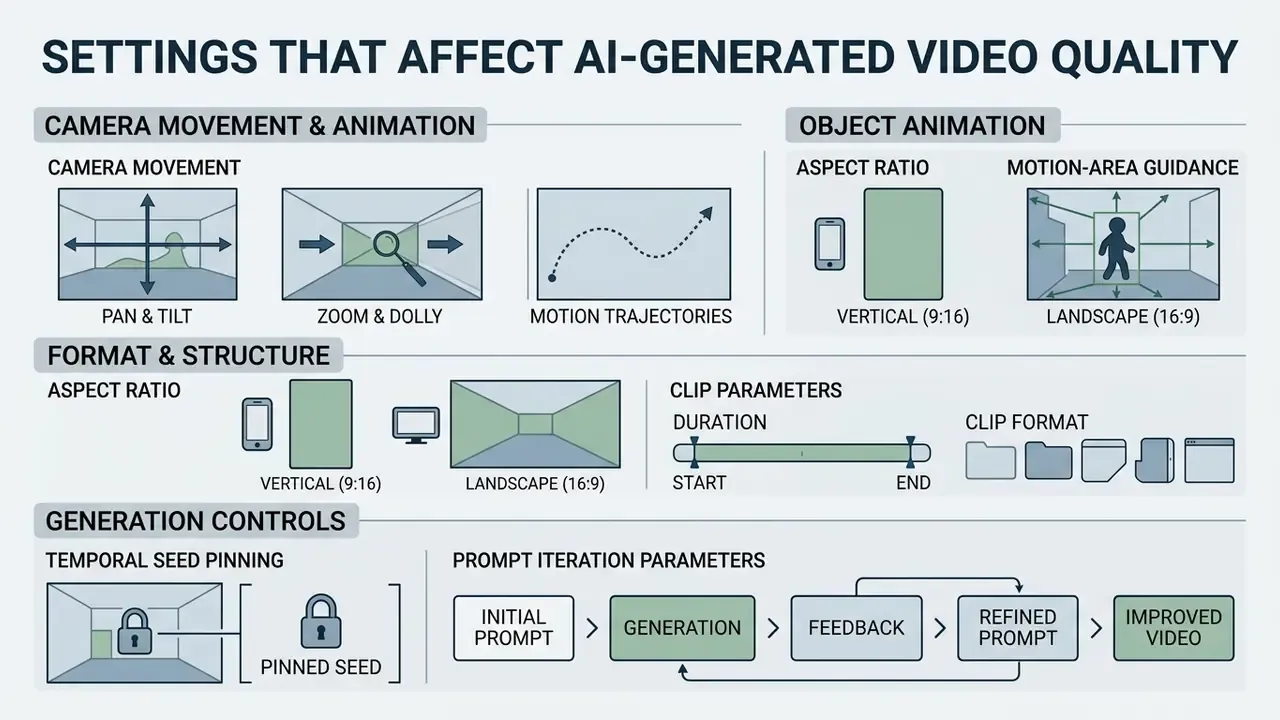 Infographic detailing camera movement, aspect ratios, clip parameters, and prompt iteration for AI video