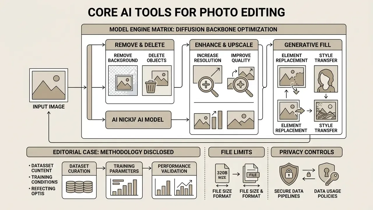 Diagram showing diffusion model workflows for removing, enhancing, and generating image elements
