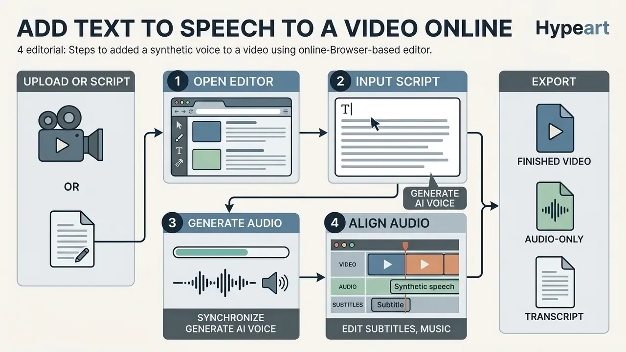 Four-step process for adding text to speech to a video online using a browser editor and AI voice generation