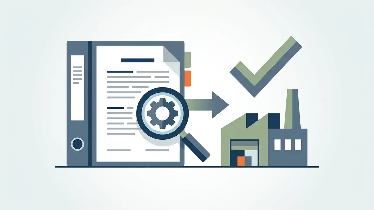 Magnifying glass examining a document leading to a factory icon with a large checkmark