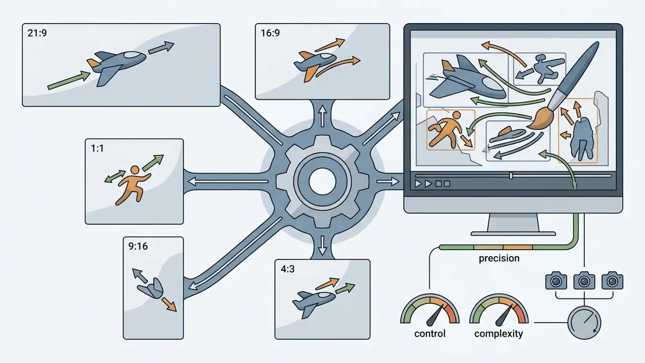 Computer screen showing motion brush tools and aspect ratio options connected by a central gear