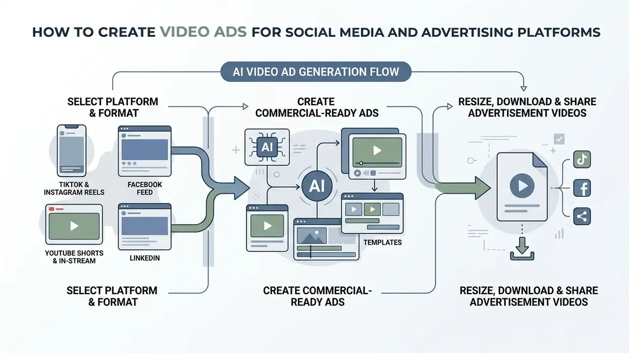 Process diagram showing steps to select platforms, generate video ads, and export for social media