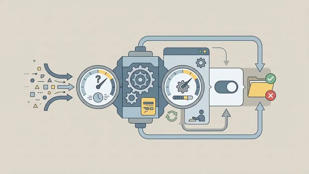 Mechanical gears and gauges processing data inputs into a folder with approval and rejection icons