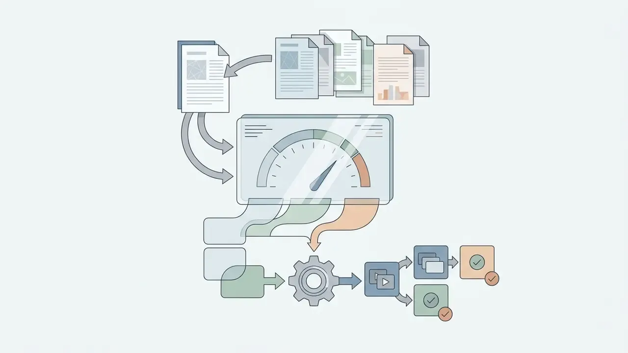 Academic papers feeding into a gauge that connects to a gear mechanism and verified output panels
