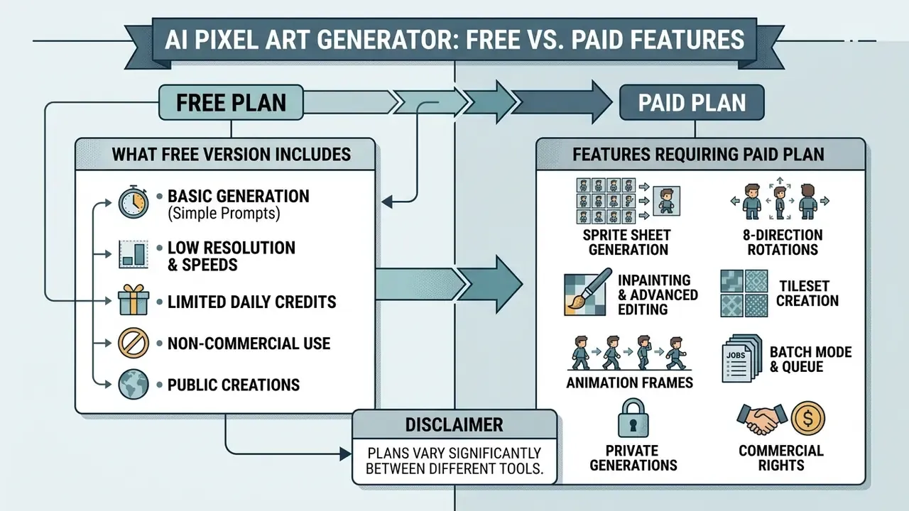 Comparison chart listing features included in free versus paid subscription plans for digital art tools