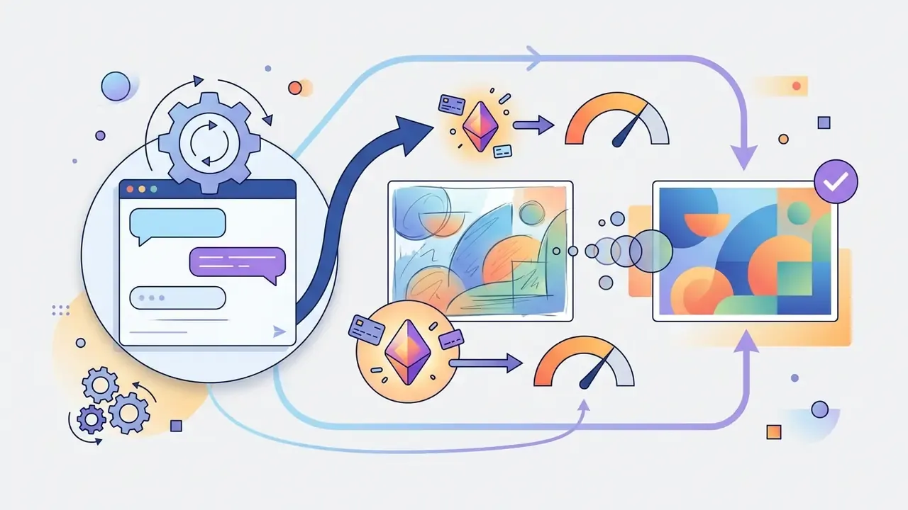 Chat interface with gears and credit tokens flowing into image refinement gauges for OpenArt AI