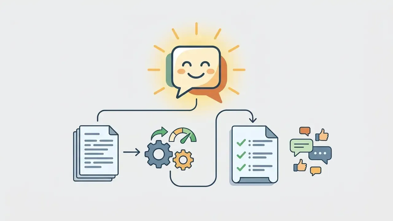 Smiling speech bubble icon guiding a document through gears and a checklist to generate social interactions