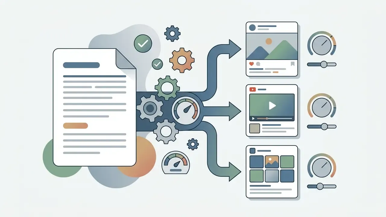 Document flowing through a gear mechanism to generate varied social media posts with control gauges