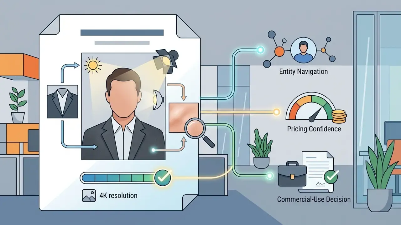 Portrait output settings connected to icons for entity navigation, pricing confidence, and commercial usage