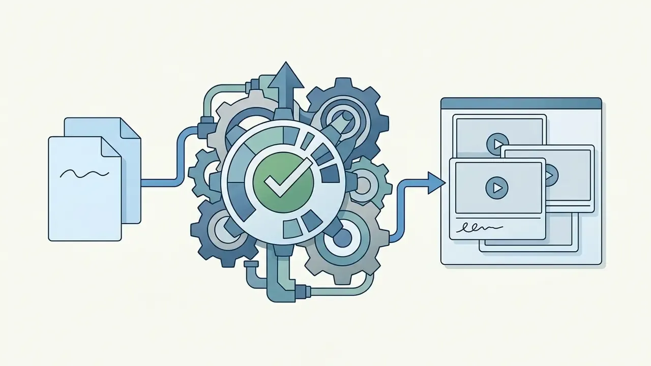Documents feeding into a central gear mechanism that outputs rendered video clips into a browser window