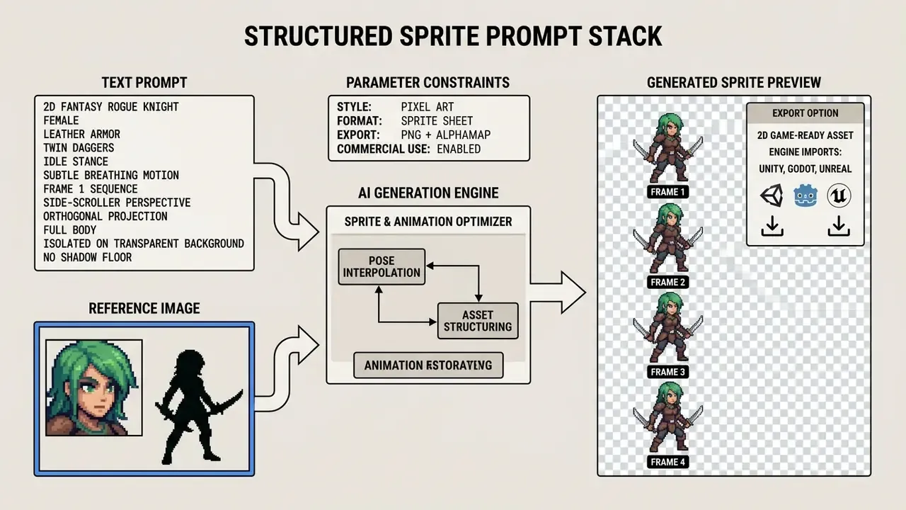 Workflow diagram showing text prompts and reference images converted into a pixel art character sequence