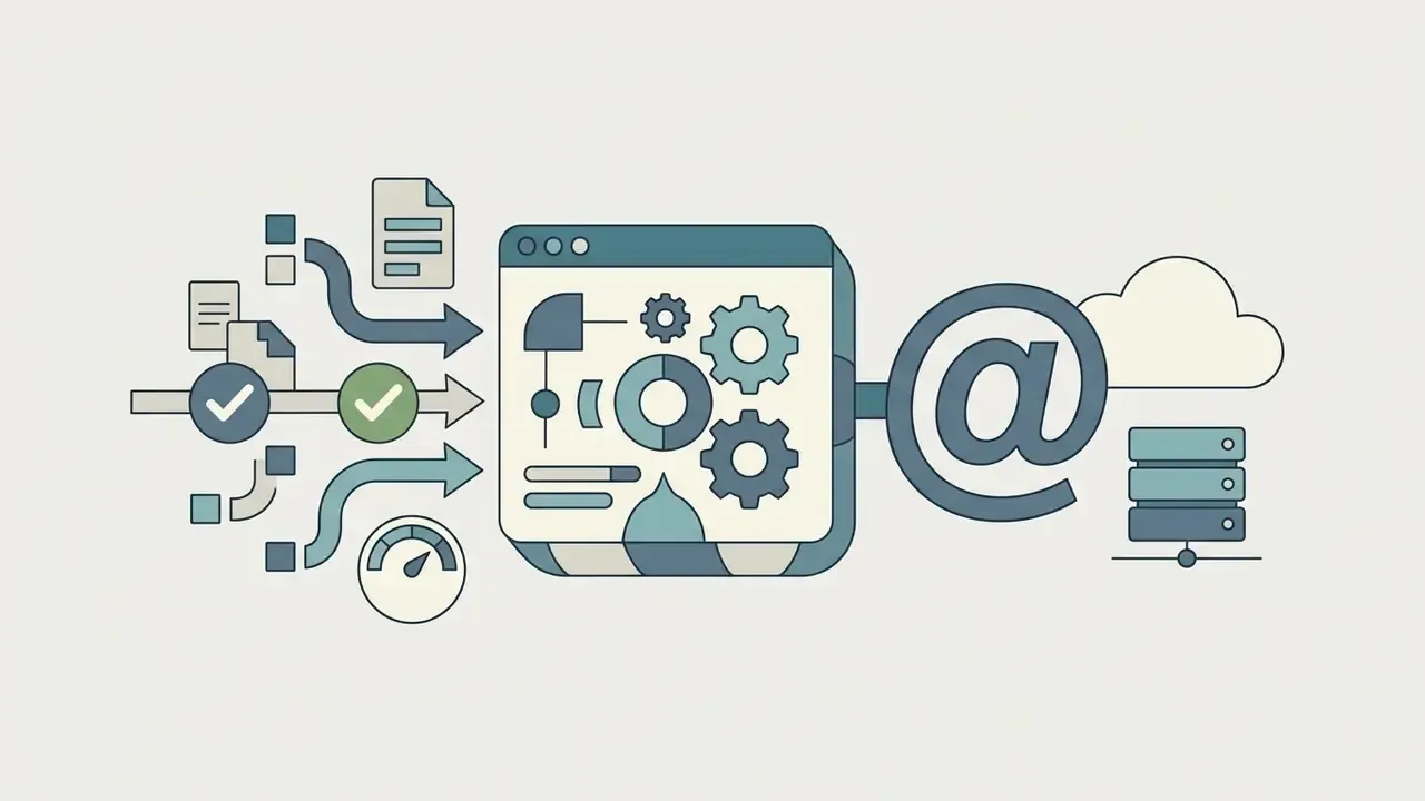 Data inputs and processing icons feeding into an email address generator AI system connected to a server