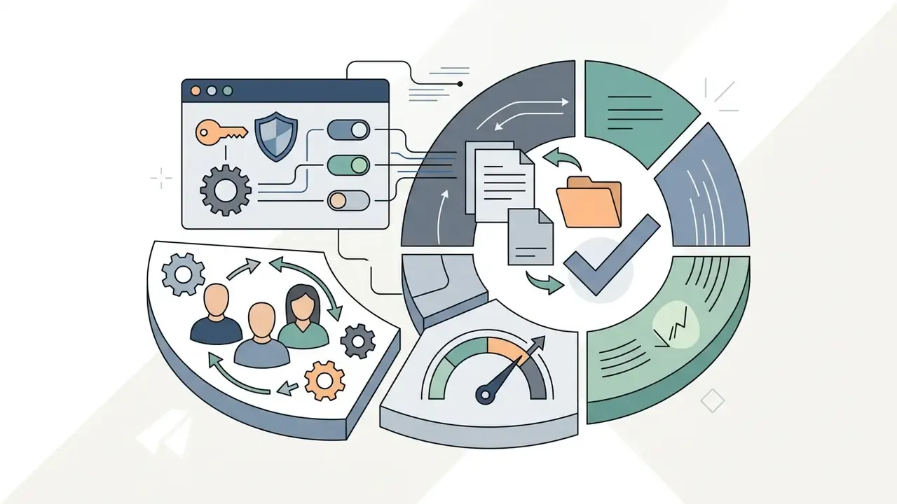 Administrative dashboard with team icons and security settings connected to a circular workflow process