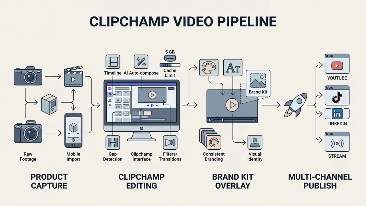 Workflow showing raw media capture, editing, brand kit application, and multi-channel video distribution