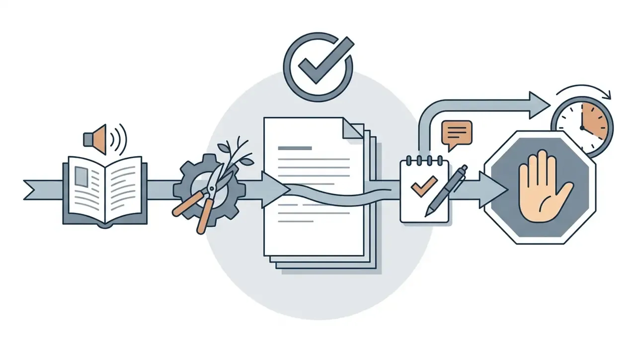Book and shears moving through a process to a document, checklist, and stop sign with a clock