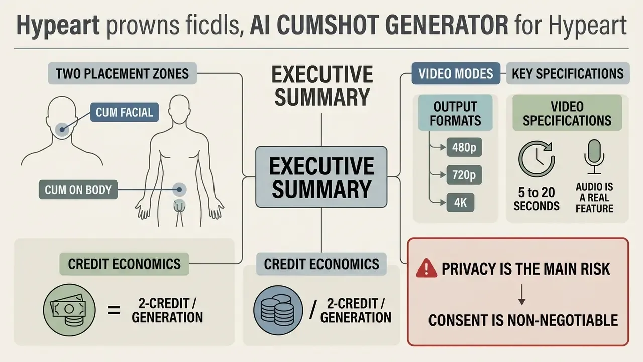 Infographic summarizing output formats, video specs, credit costs, and privacy risks for an AI generator